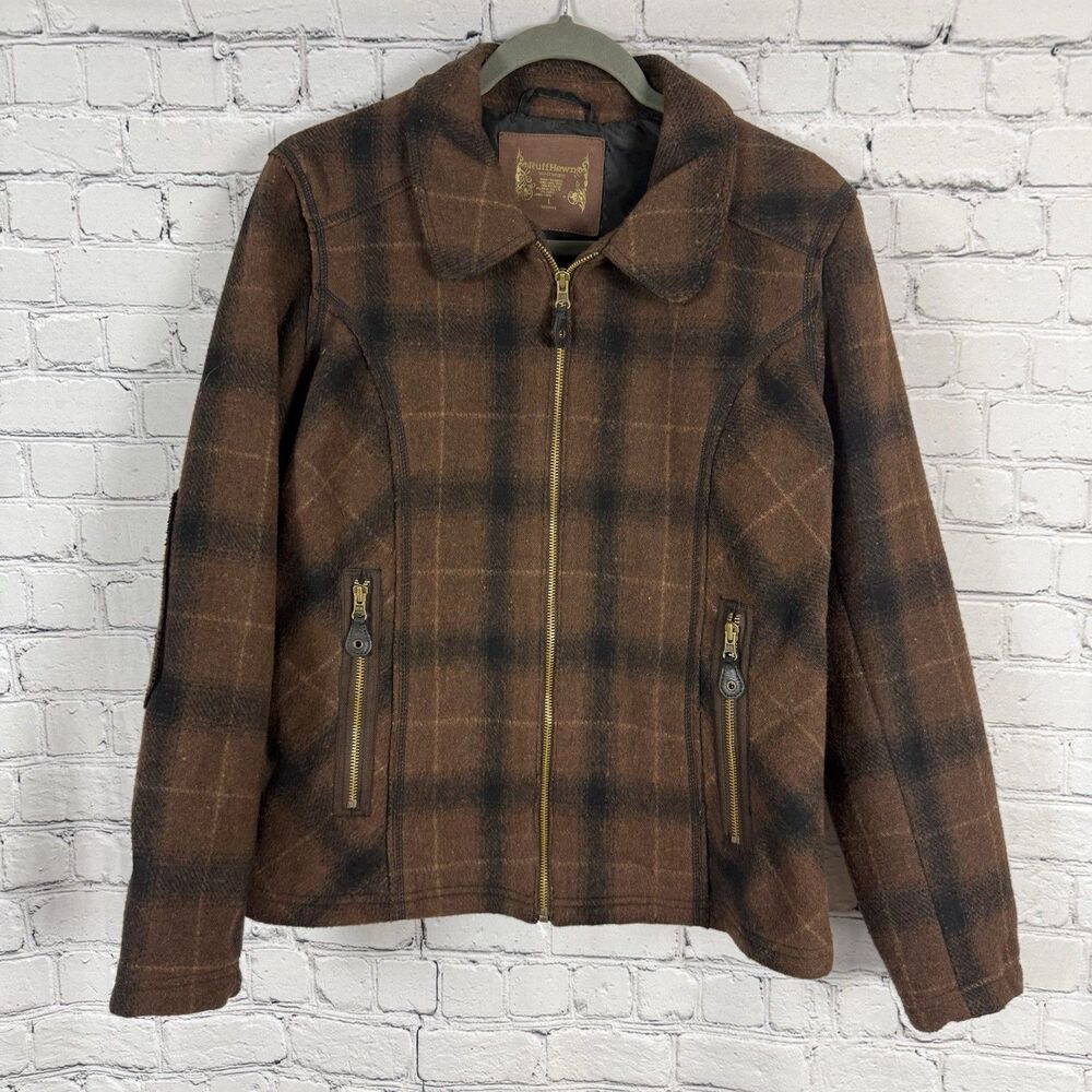 Ruff Hewn Full Zip Jacket Wool Blend Elbow Patch Womens L Brown Plaid Zip Pocket - Picture 2 of 13